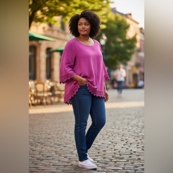 Soft Surroundings Magenta Lace Hem Blouse EUC - Picture 2 of 6